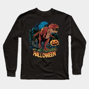 halloween t-rex dinosaur brings pumpkin Long Sleeve T-Shirt